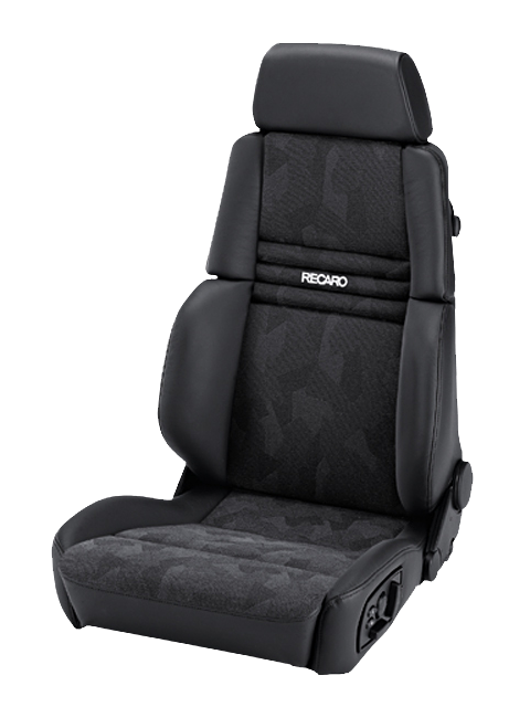 The black Recaro car seat, featuring adjustable headrest and side bolsters, is positioned upright, with the brand name embroidered on the backrest in an isolated, neutral background.