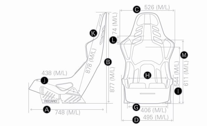 Reclining car seat drawing displays measurements labeled A to M: A: 748 (M/L), B: 877 (M/L), C: 526 (M/L), D: 495 (M/L), G: 406 (M/L), H: 302 (M/L) I: 544 (M/L) J: 438 (M/L), K: 878 (M/L), L: 74 (M/L), M: 611 (M/L). "RECARO" is inscribed on the base.