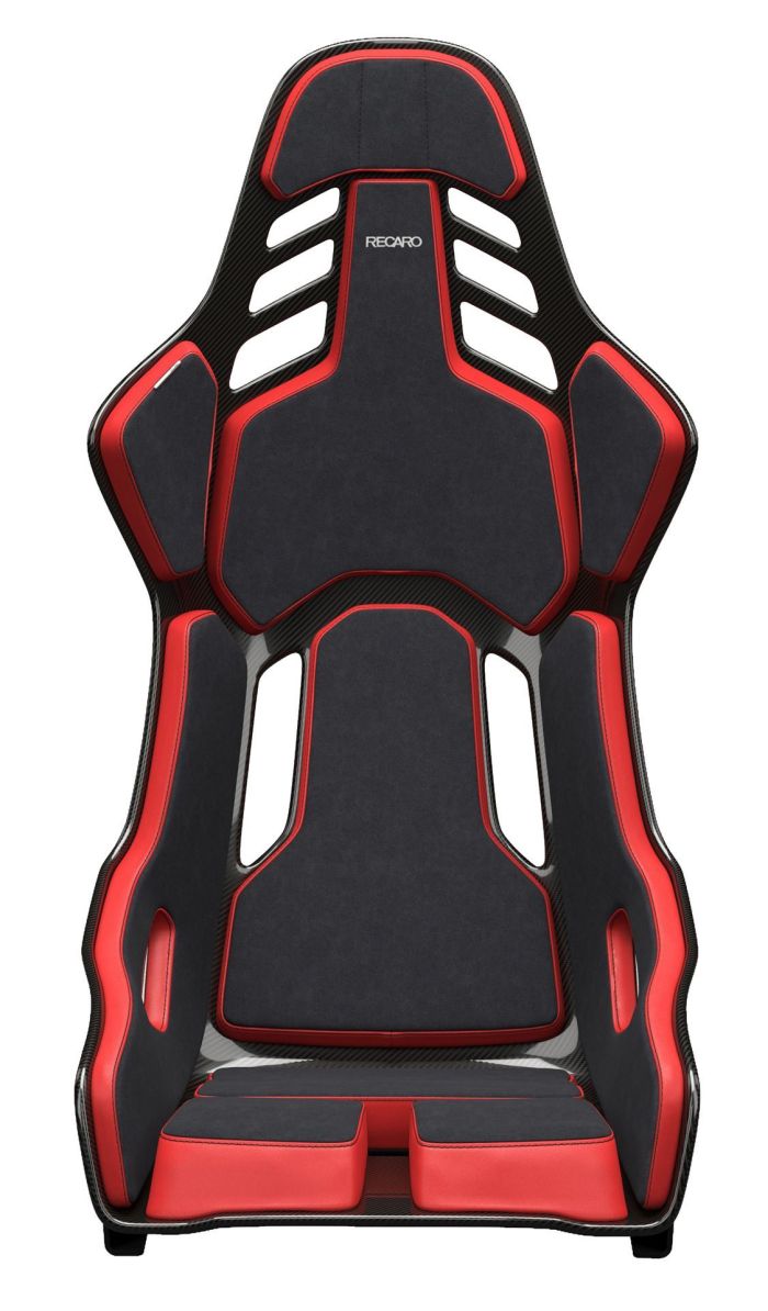 A high-performance racing seat featuring black padding with red trim accents, multiple ventilation cut-outs, and a "RECARO" logo on the upper backrest.