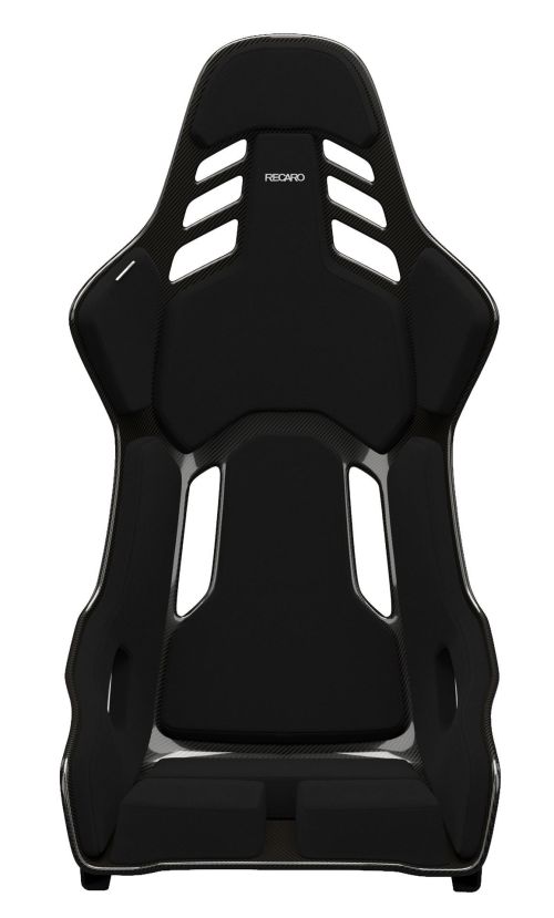 Black racing seat with vent cutouts, cushioned areas, and "RECARO" printed on the upper backrest, placed against a plain white background.
