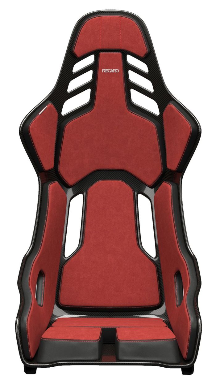 A red and black race car seat with the brand "RECARO" displayed at the top, featuring multiple cutouts for ventilation and harnesses, situated in a plain white background.