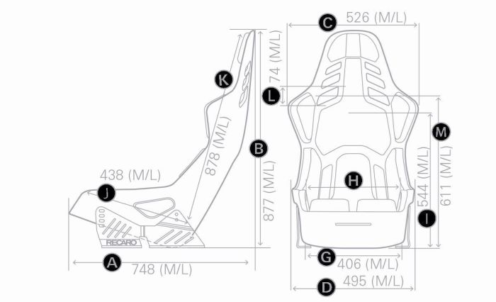 Blueprint of a racing seat with dimensions labeled. Side view shows 748mm base length, 438mm seat length, and 877mm height. Front view indicates 526mm width, 544mm height to shoulder. Recaro branding visible.