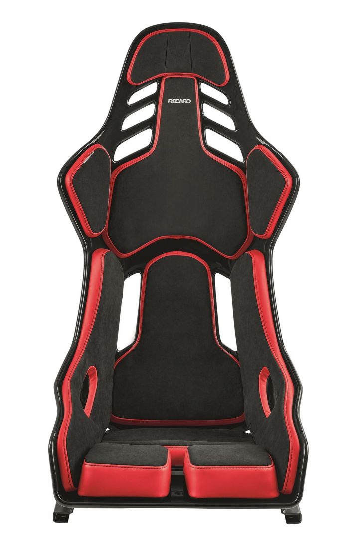 A black and red racing-style seat with cutouts, labeled "RECARO," designed for maximum support, situated on a white background.