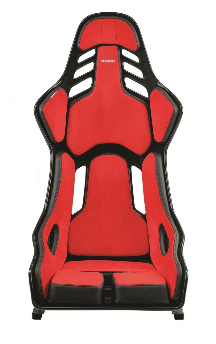 A red and black racing seat with padding and harness slots, featuring "RECARO" text, stands alone against a white background.