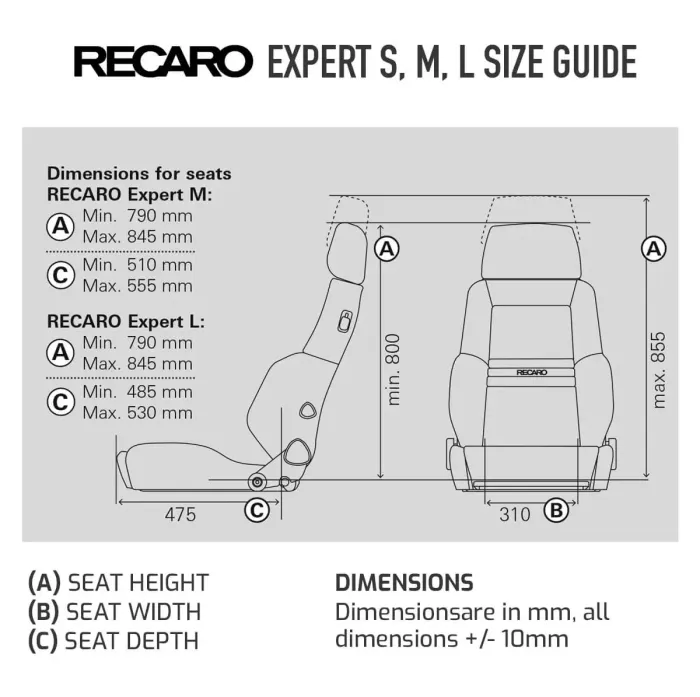 Car seat illustrations showing side and front views with measurements for Recaro Expert M and L models. Text reads: "RECARO Expert S, M, L Size Guide." Seat height, width, and depth dimensions are provided in millimeters.