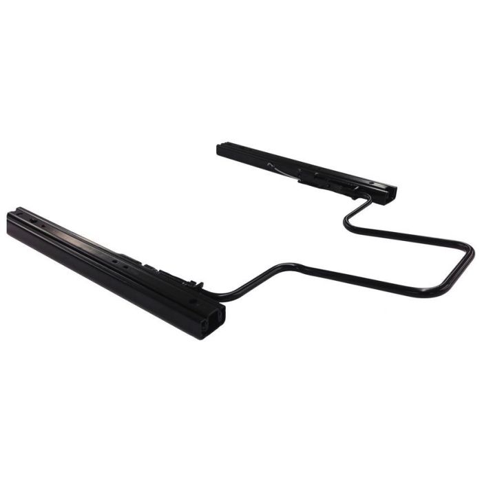 Rectangular black metal seat rails connected by a bent bar, shown against a white background. The rails have mounting holes and linear grooves for adjustable seating applications.