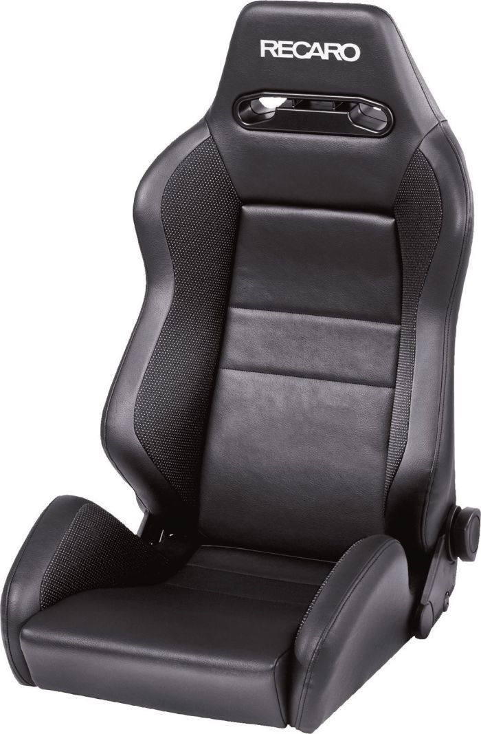 A black leather racing seat with RECARO branding on the headrest, featuring side bolsters and a central cutout, designed for car interiors.