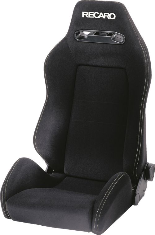 Black Recaro racing seat with white stitching, featuring side bolsters and an integrated headrest, in a plain, white background setting. Text: "RECARO" at the top of the seat.