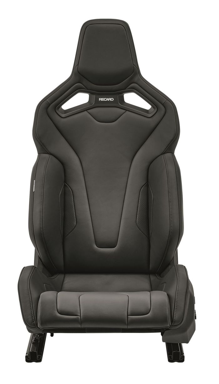 A black, sleek racing car seat labeled "RECARO" with pronounced bolstering and cutout sections, positioned against a plain white background.