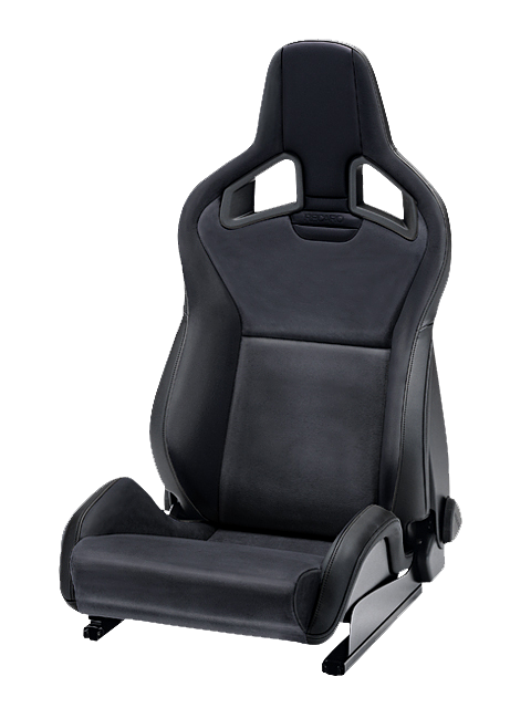 A black, high-backed car seat with side bolsters and "RECARO" embossed on the upper backrest, shown in an isolated setting.