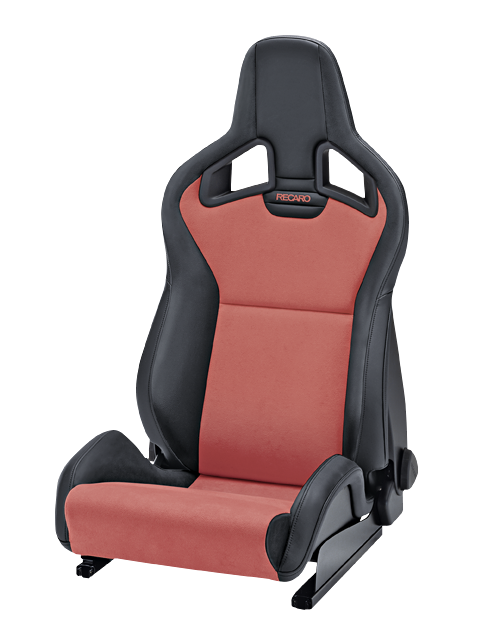 Black and red Recaro racing seat with a high backrest and side bolsters, featuring adjustment knobs on a black base, set against a plain white background.