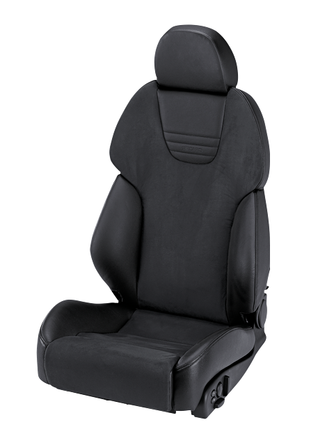 Black car seat with cushioned headrest, leather and fabric upholstery, and adjustable knobs, positioned against a plain white background.