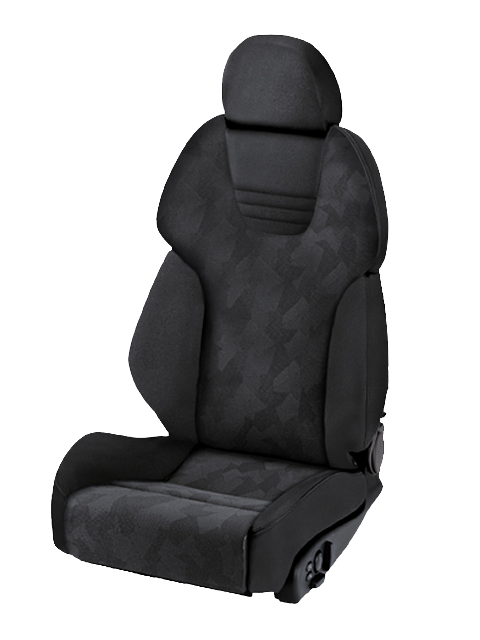 A black, ergonomic car seat with geometric patterned fabric and cushioned headrest is positioned upright against a plain backdrop. It includes manual adjustment controls on the base.