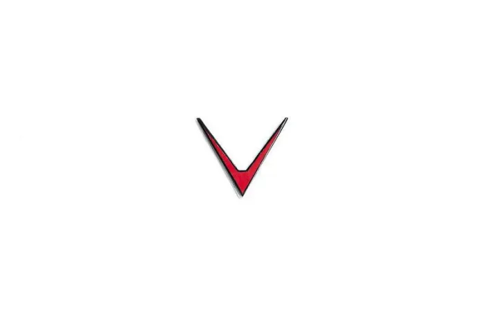 Red V-shaped emblem with black outlining centered on a plain white background.