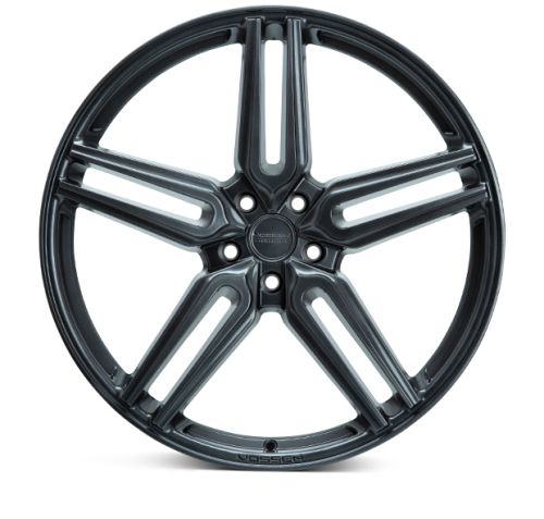 A metallic, dark-colored car wheel with five double spokes, displaying a modern design. Center cap text reads "VOSSEN FORGED"; rim text reads "VOSSEN." The wheel is isolated on a white background.