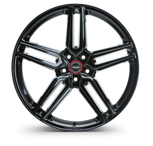 A glossy black alloy wheel with five split spokes, featuring the logo "VOSSEN" in the center, set against a white background.