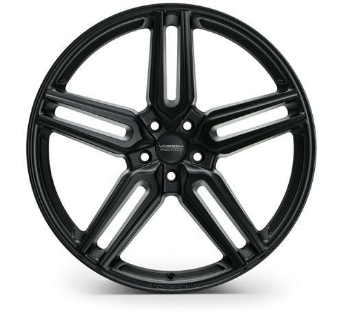 A black alloy wheel with a five-double-spoke design rests against a plain white background. Center text reads: "VOSSEN FORGED."