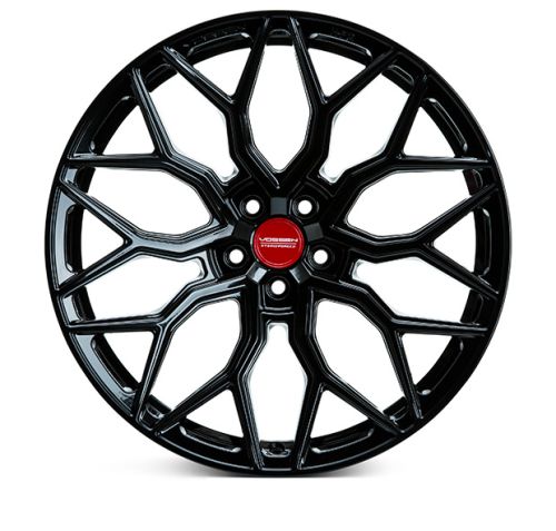 A glossy black alloy wheel features intricate multi-spoke design; central red cap displays "VOSSEN Hybrid Forged" text, set against a white background.