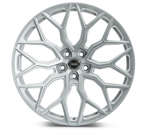 A silver alloy car wheel rim with intricate geometric spokes, featuring a central black emblem with "VOSSEN". Text "VOSSEN" and "HF-3" is embossed on the rim.