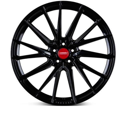 A sleek black alloy wheel with a multi-spoke design, featuring a red center cap with the text "VOSSEN FORGED," displayed against a plain white background.