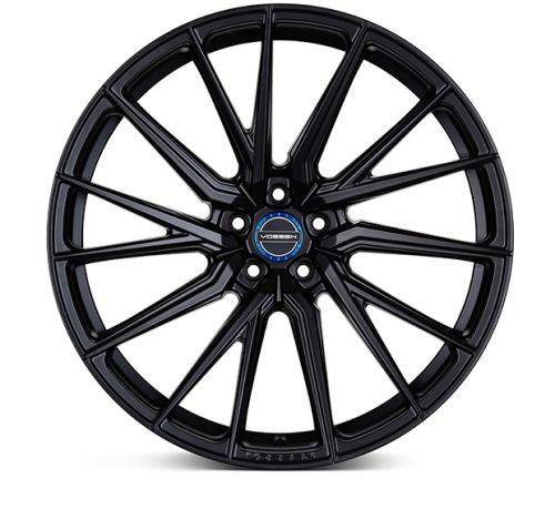 A black alloy wheel with multiple sleek, angular spokes emanating from a central hub that reads "VOSSEN," set against a plain white background.