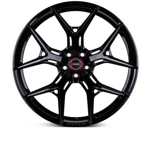 A glossy black alloy wheel with a multi-spoke design features the text "VOSSEN" on a red and silver center cap. It is displayed on a plain white background.