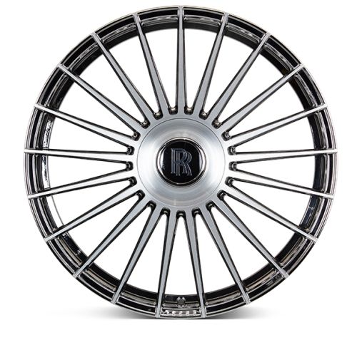 A silver alloy wheel with a multi-spoke design showcases an "RR" logo at its center, positioned against a plain white background.