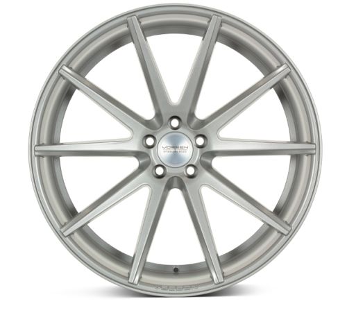 Silver alloy wheel with a classic ten-spoke design; "VOSSEN FORGED" is inscribed on the center cap; displayed against a plain white background.