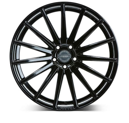 A glossy black alloy wheel with multiple thin spokes radiating from the center; "VOSSEN" is inscribed in the hub area, set against a plain white background.