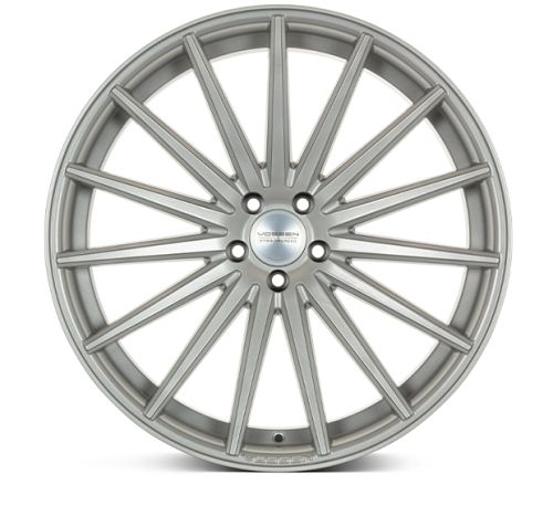 A metallic alloy wheel with thin spokes radiating from the center. Text on the center bears "VOSSEN" and "FORGED," and the background is plain white.